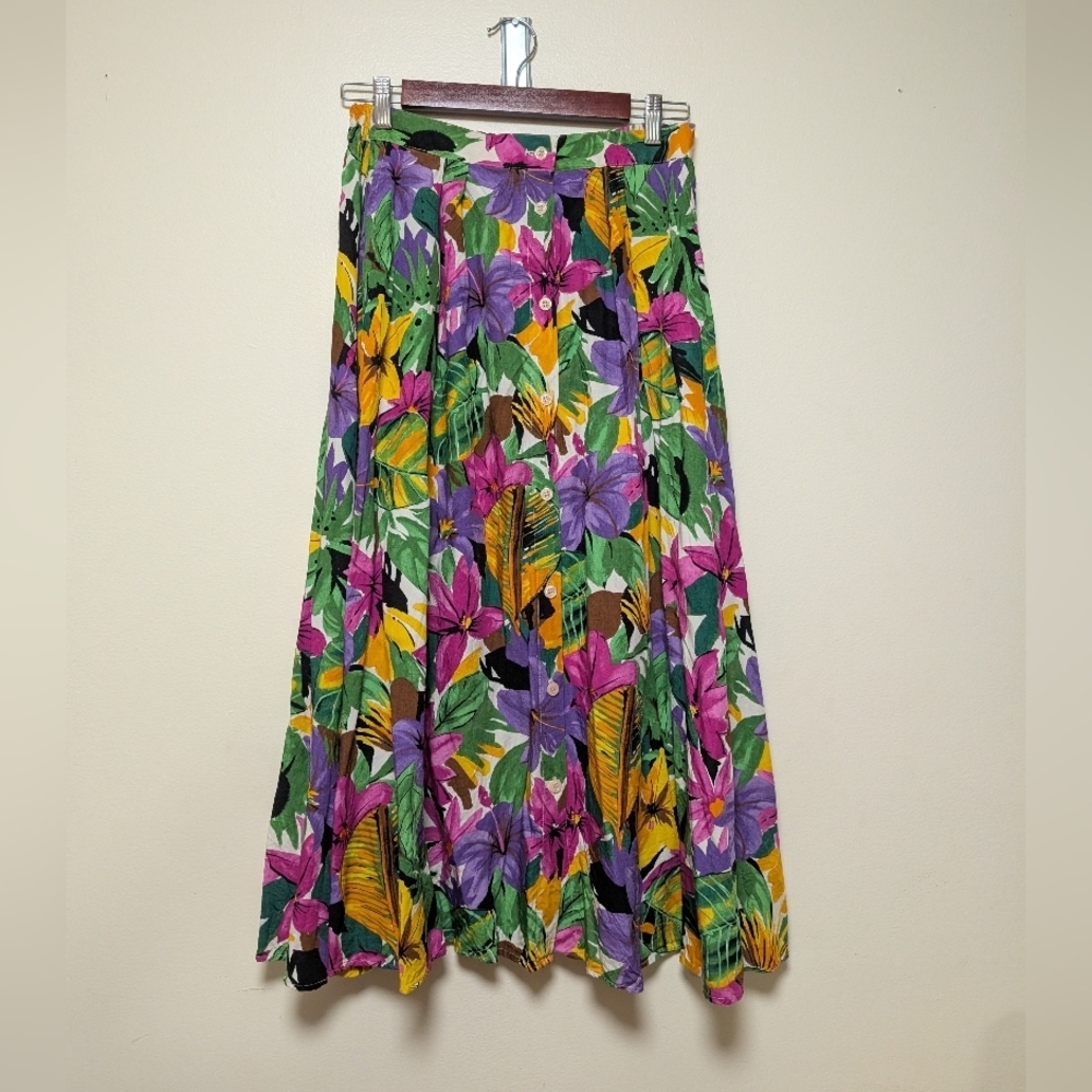 Pendleton Classic Rayon Button-Front Skirt – Size 12, Tropical Floral Print